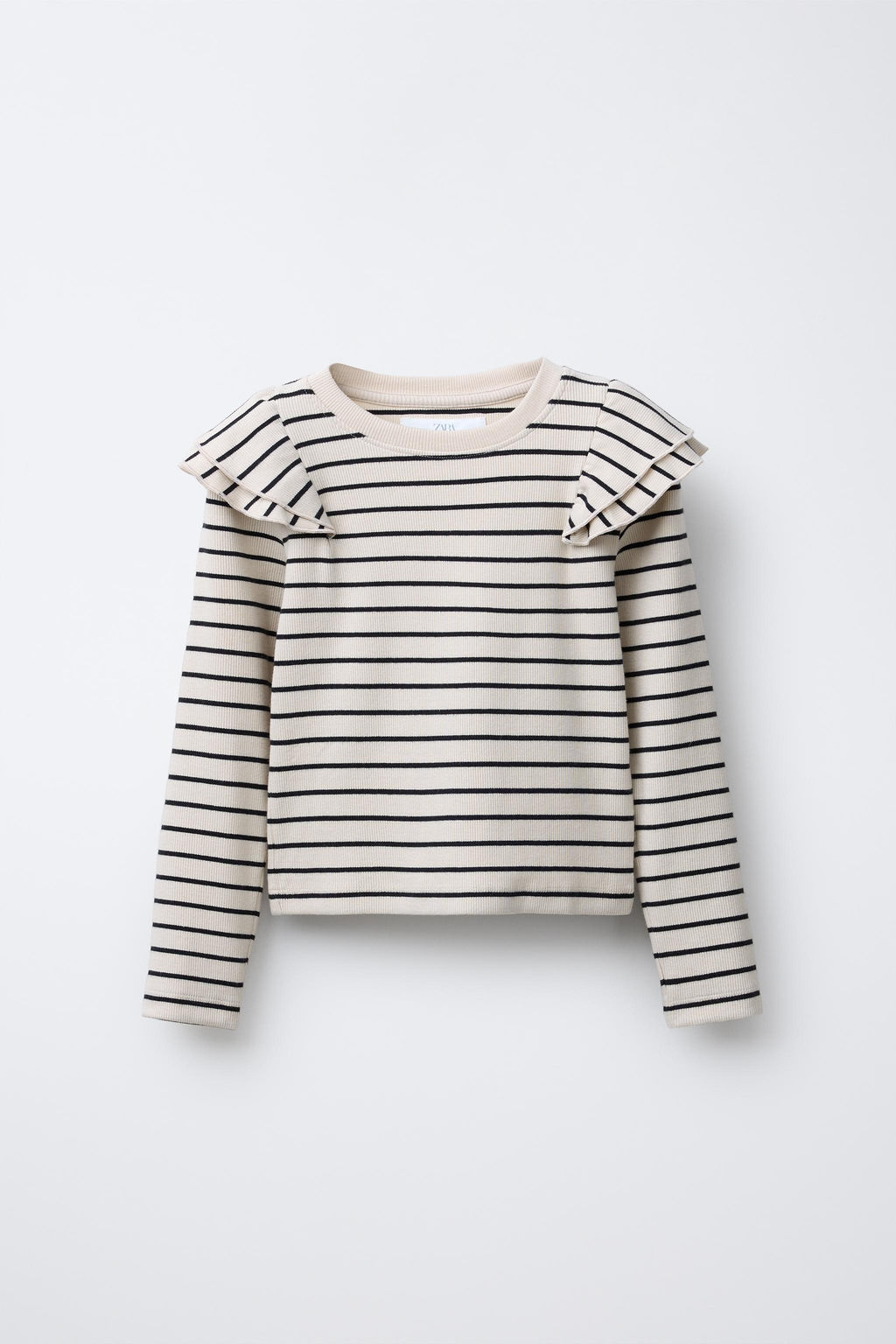 STRIPED RIBBED T-SHIRT WITH RUFFLES