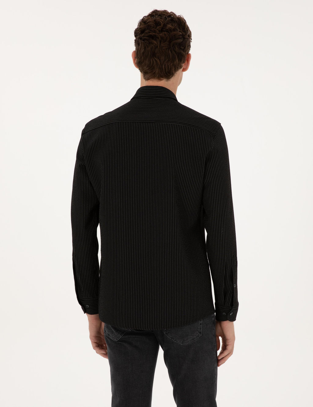 Siyah _izgi Bask_l_ Slim Fit Uzun Kollu G_mlek