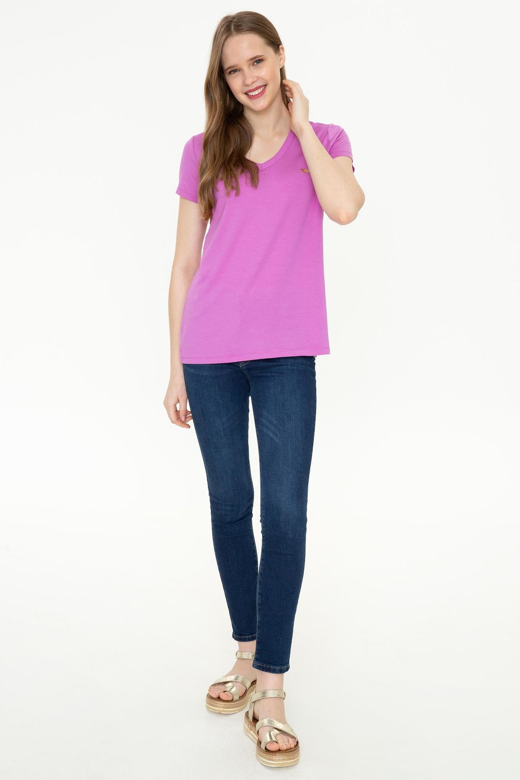 Женская фиолетовая футболка с V-образным вырезом Basic - U.s. polo assn фото 4