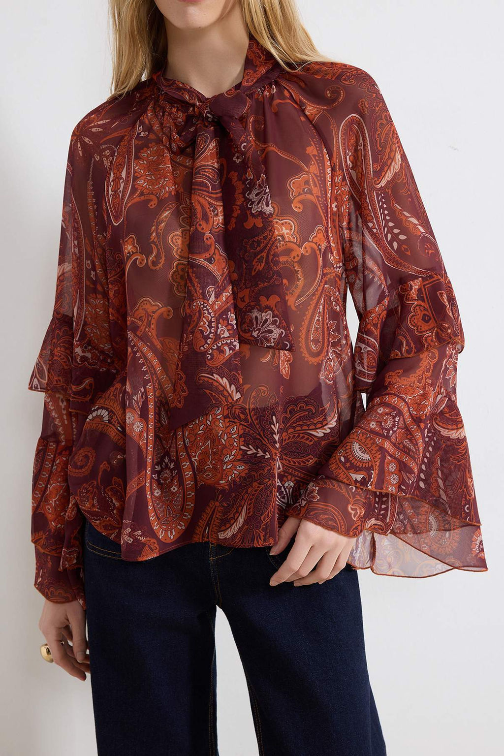 Bordo Sal Desenli Kollar? F?rf?rl? Boho Transparan Sifon Bluz TWOSS26BZ00218