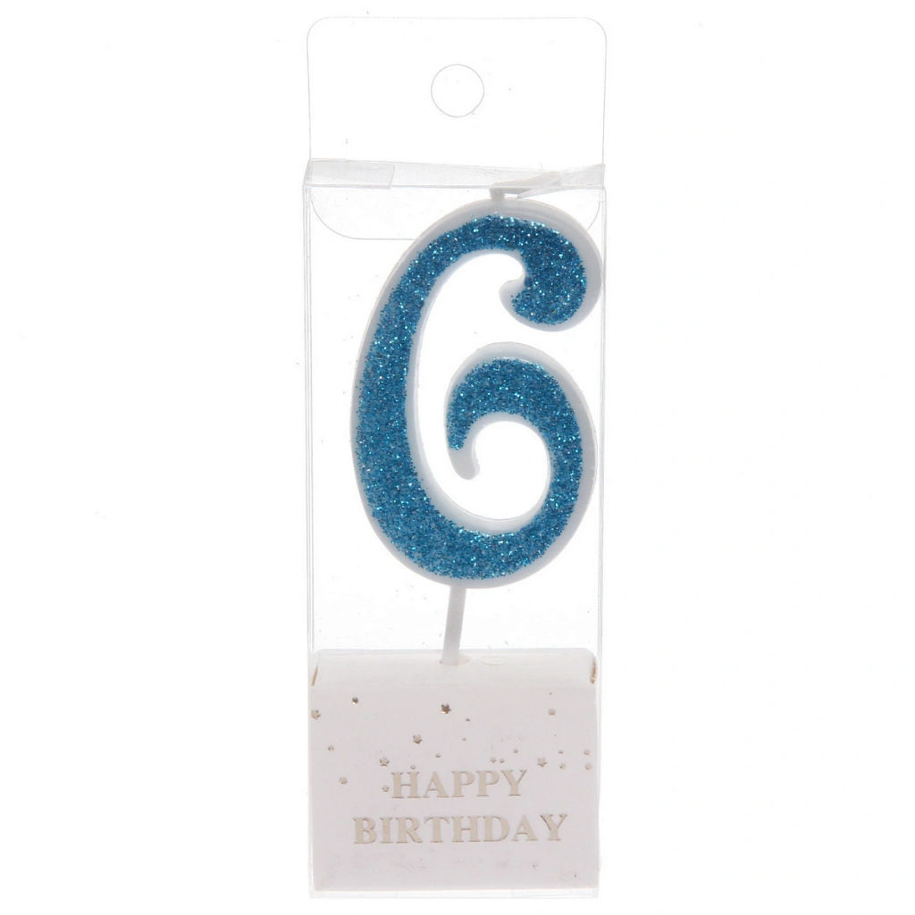 Цена за 10 шт. Свеча для торта Цифра Иллюзия "6" 9.5 см, голубой