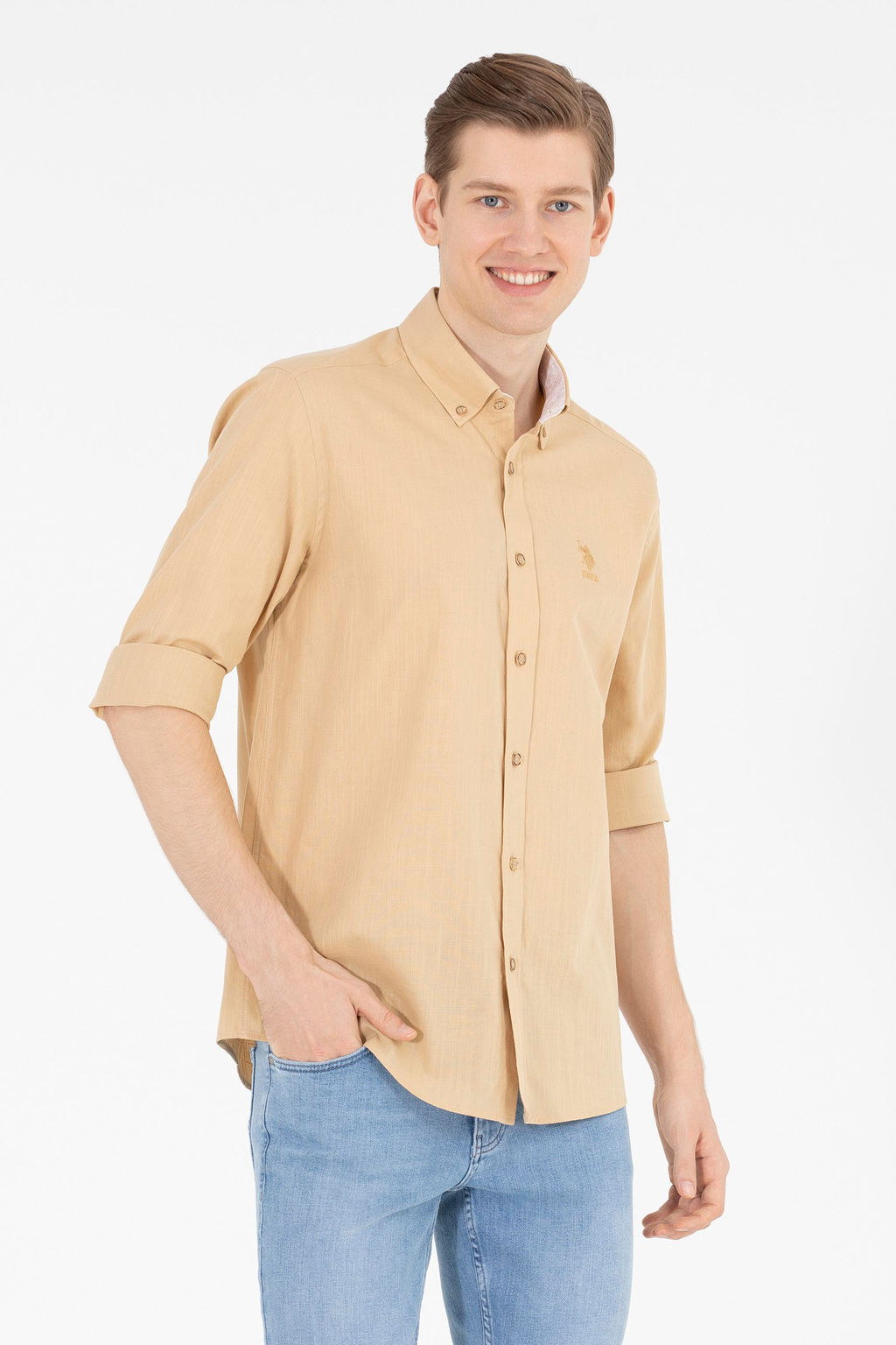 U. S. Polo Assn Мужская рубашка светло-коричневого цвета с длинным рукавом - U.s. polo assn фото 2