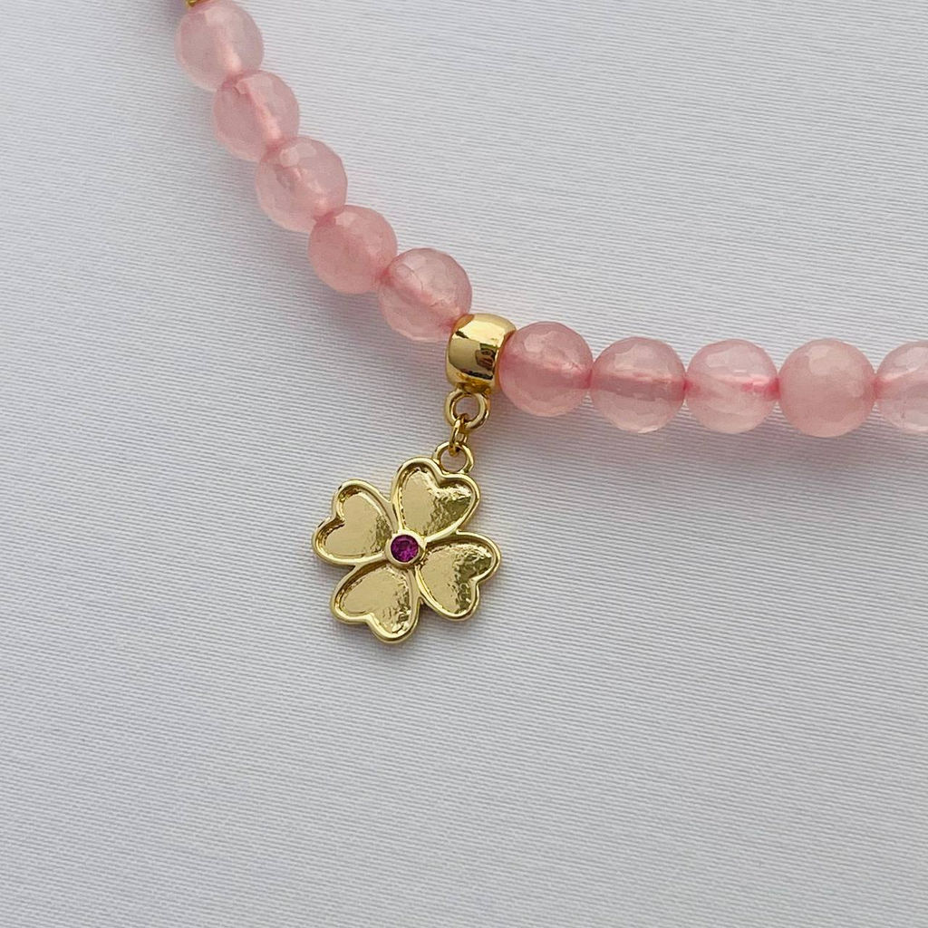 Бусы с подвеской "Клевер" из Розового кварца с Кунцитом 42 см +