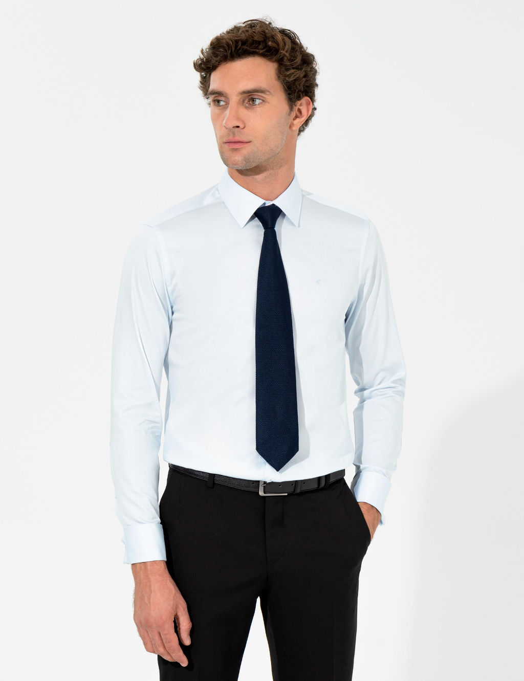 A__k Mavi Slim Fit %100 Pamuk Klasik Yaka Basic G_mlek