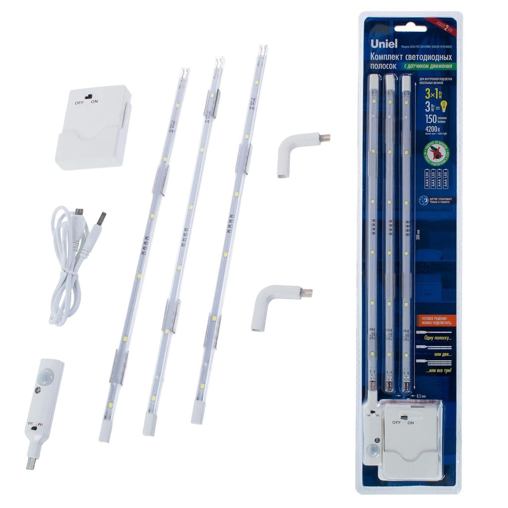 ULM-F42-3W/4200K SENSOR IP20 WHITE Комплект светодиодных полосок с датчиком движения 10Lux. Питание 4ААА. 150Lm. Белый. ТМ Uniel - Volpe фото 11