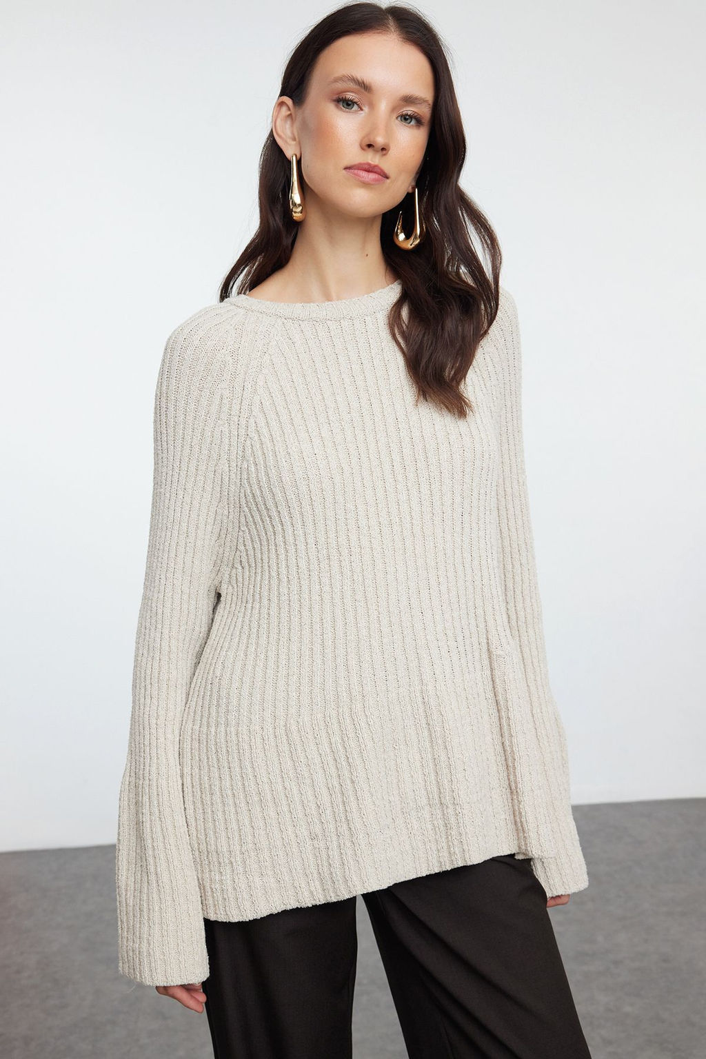 More Sustainable Tas Genis Kal?p Peplum Detayl? Pamuklu Triko Kazak TWOAW25KZ00305