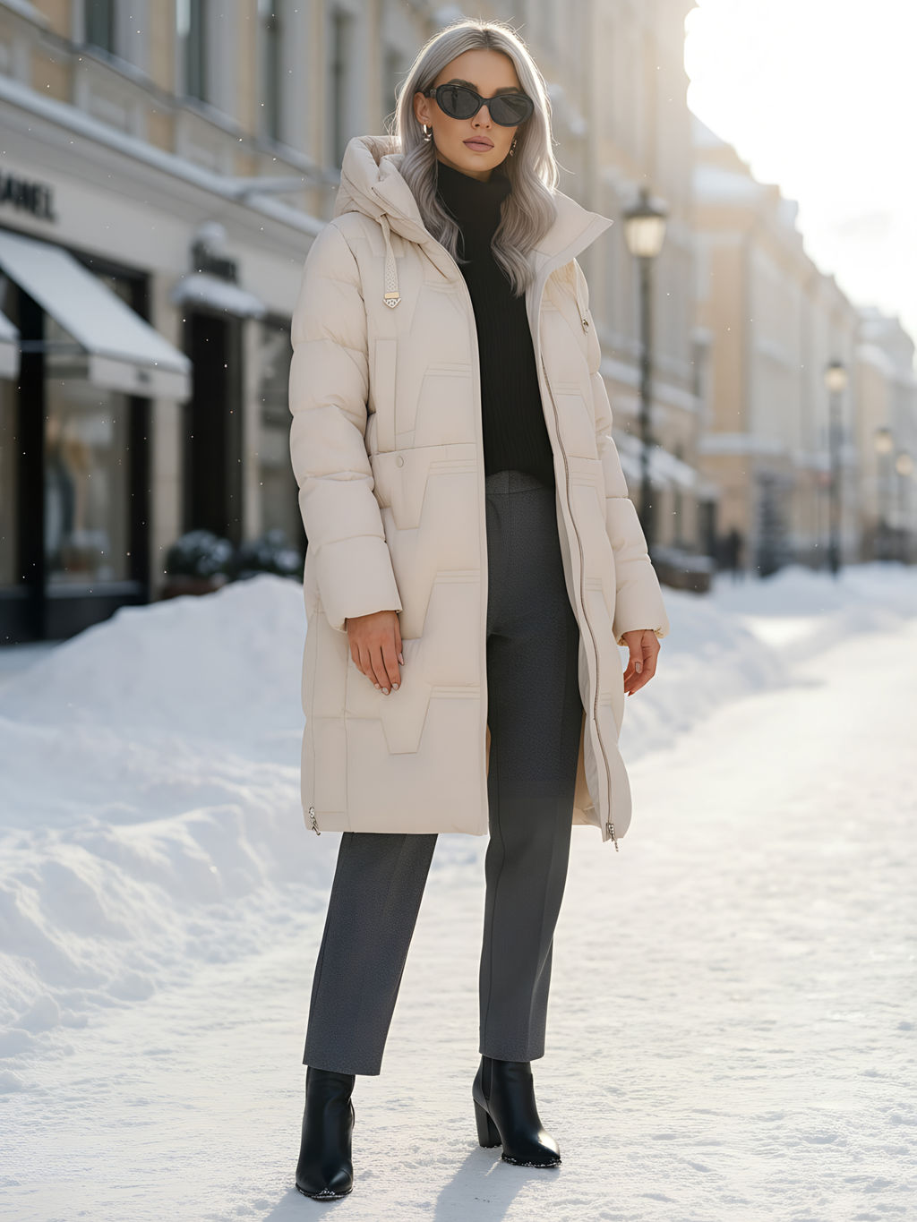 Пальто зимнее утепленное с капюшоном женское бежевого цвета 7638B - Visdeer фото 21