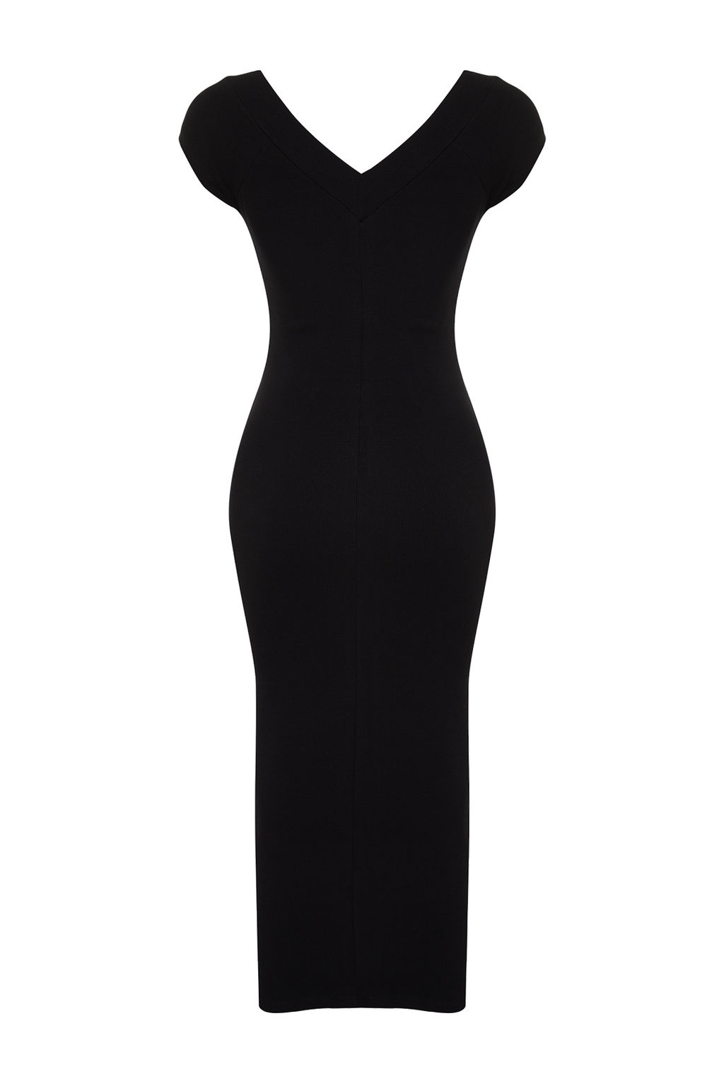 Siyah V Yaka Ay Kol Vucuda Oturan Fitilli Esnek Orme Orme Midi Kalem Elbise TWOSS24EL00818 - Trendyolmilla фото 8