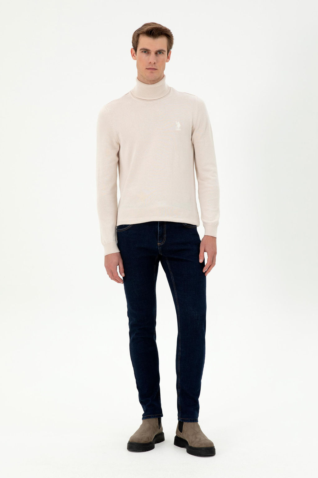 Erkek Slim Fit Bo_azl_ Yaka Krem Melanj Basic Kazak