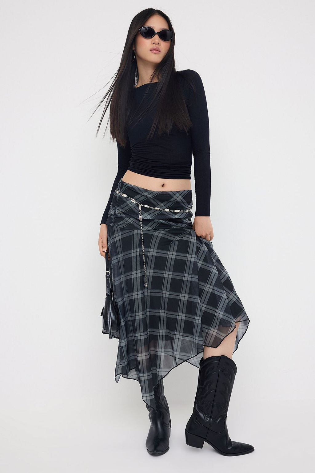 Cok Renkli Ekose Bask?l? Skater Asimetrik Etek Ucu Detayl? Esnek Orme Etek TWOAW26ET00037