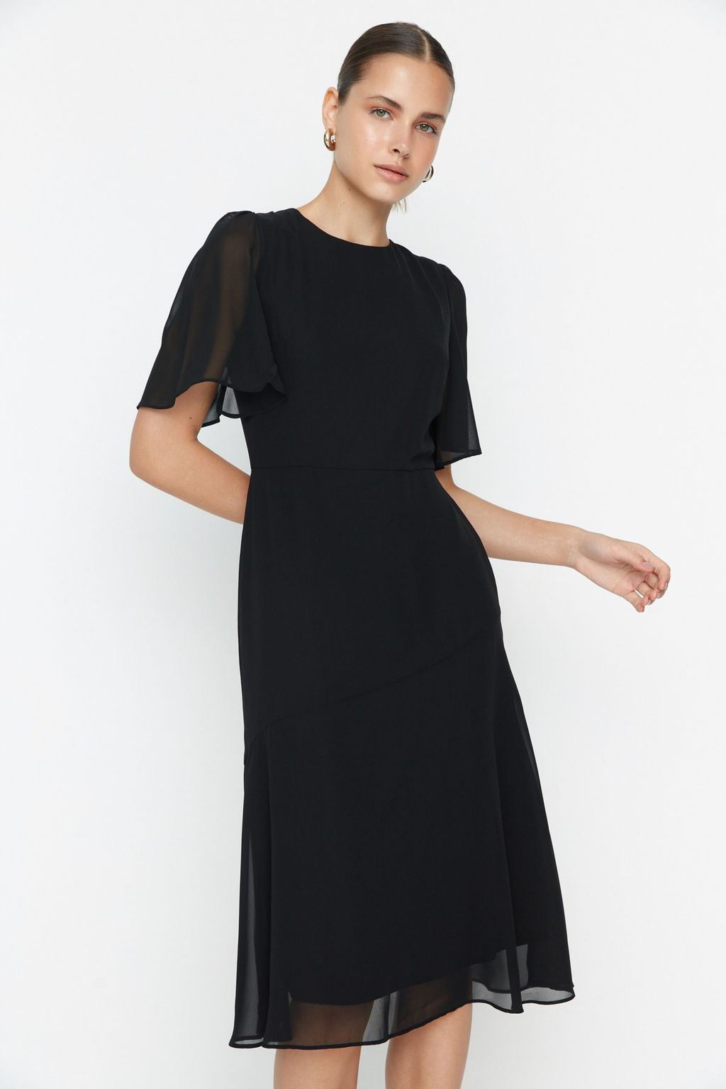 TRENDYOLMILLA Siyah Etegi Volanl? A Kesim Sifon Midi Astarl? Dokuma Elbise TWOSS22EL00733  фото 3