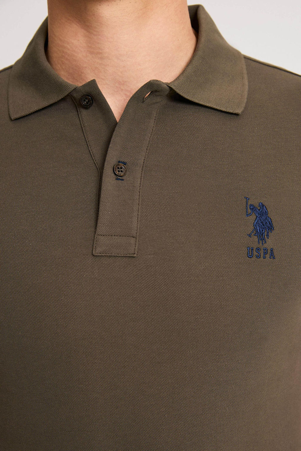 Erkek Slim Fit Polo Yaka Koyu Haki Basic Ti__rt