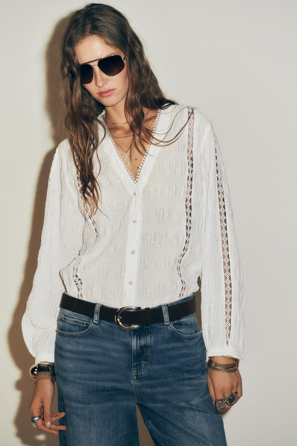 DOTTED MESH AND LACE TRIM BLOUSE - Zara фото 7