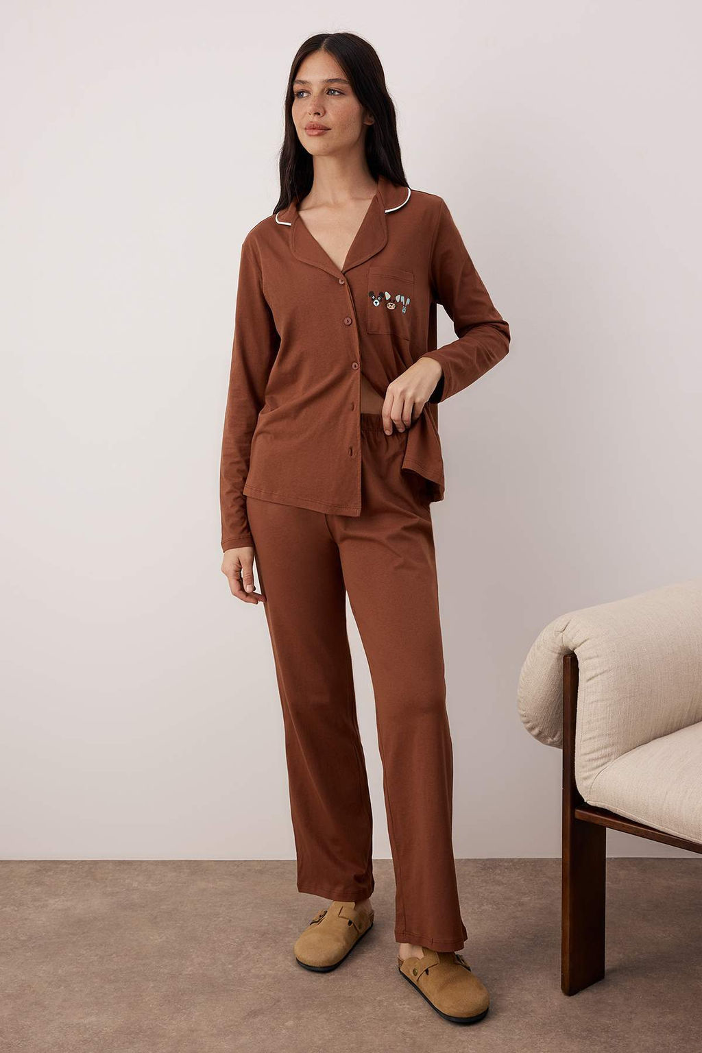 Trendyolmilla Gri Pamuklu Biye ve Cep Detayl? Bask?l? Orme Pijama Tak?m? THMAW22PT0785 фото 14