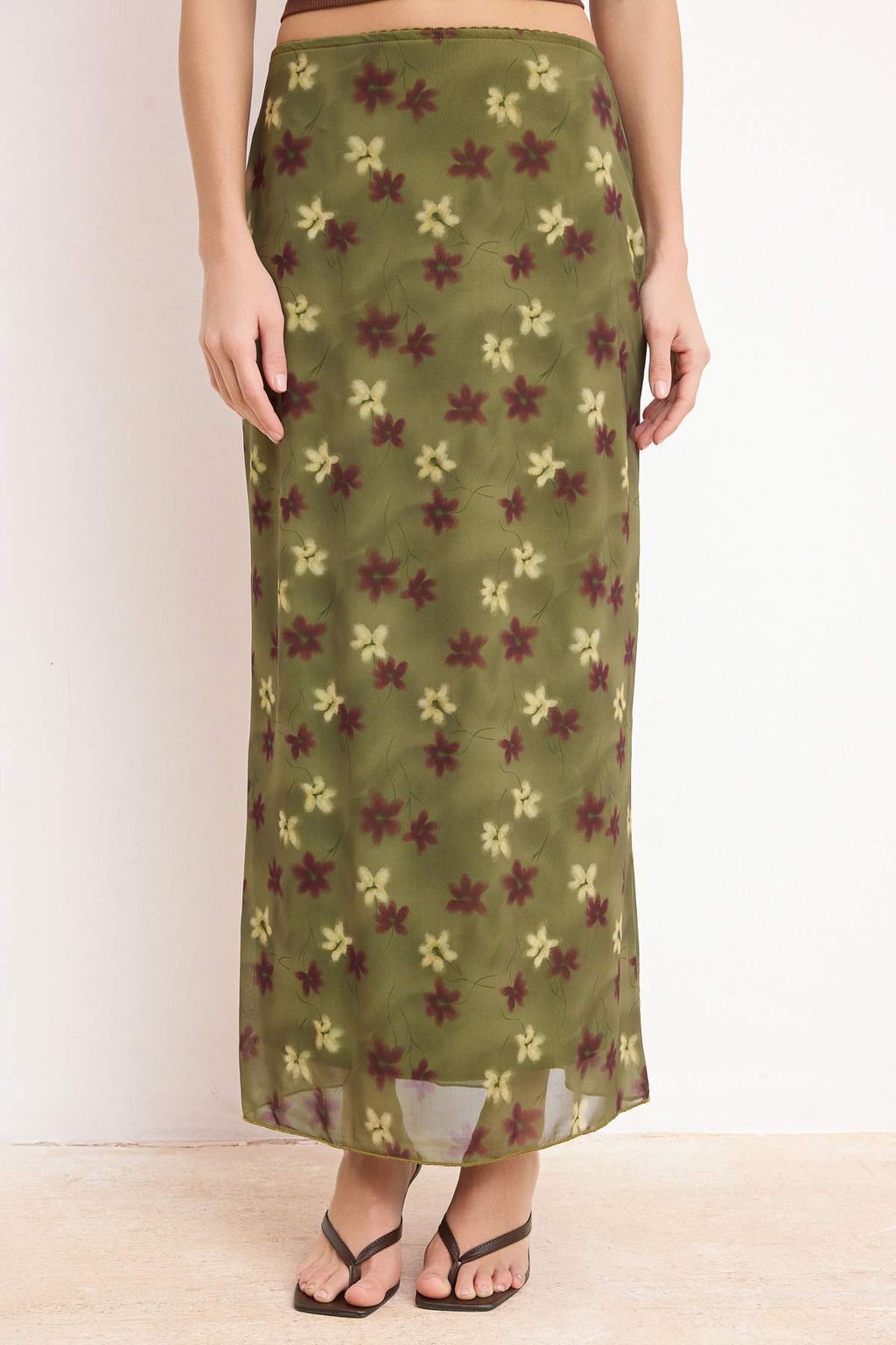 Haki Soyut Desenli Tul Dantel detayl? Esnek Etek TWOSS25ET00153Etek TWOSS25ET00153