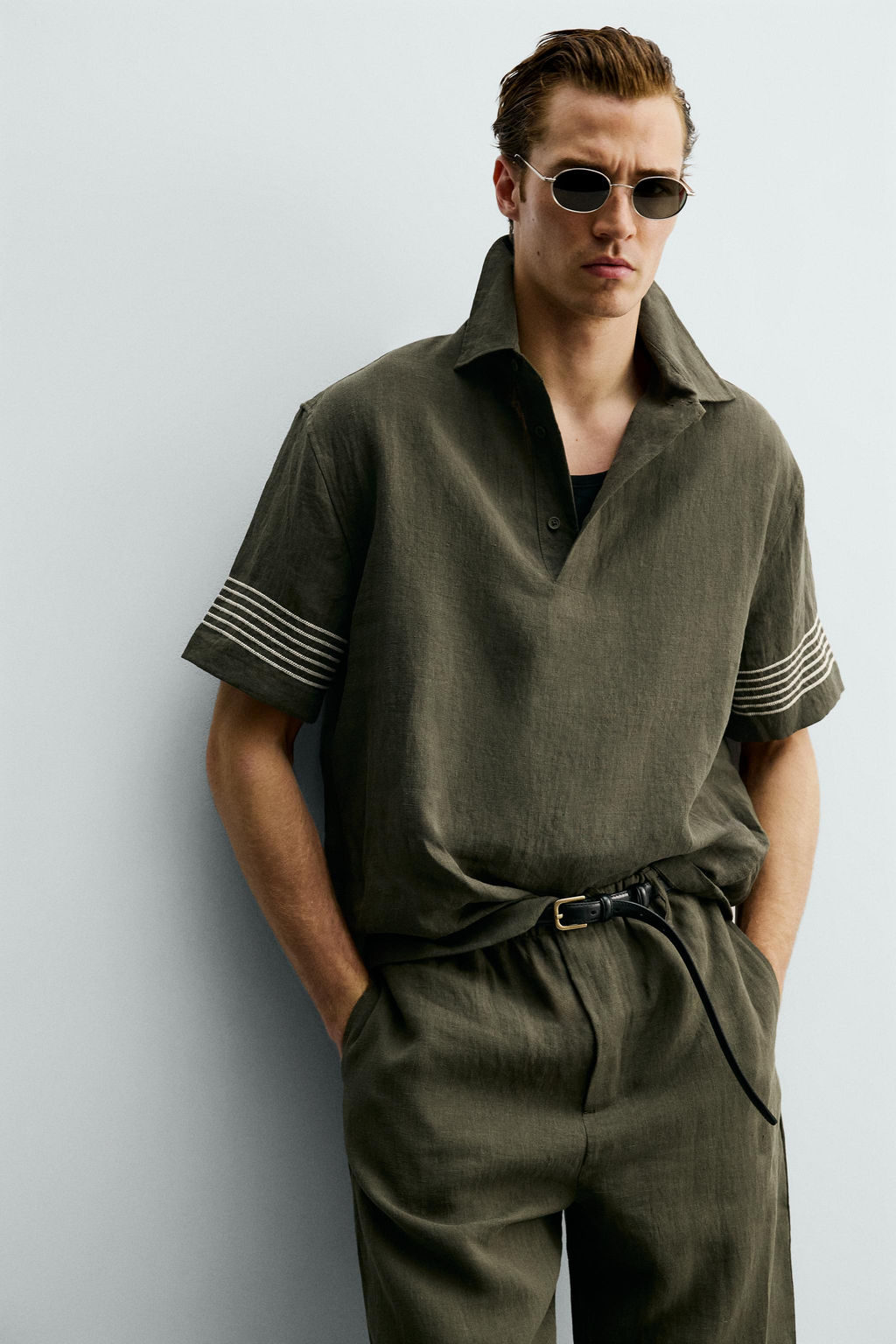 CAMISA POLO 100% LINO / Khaki oscuro