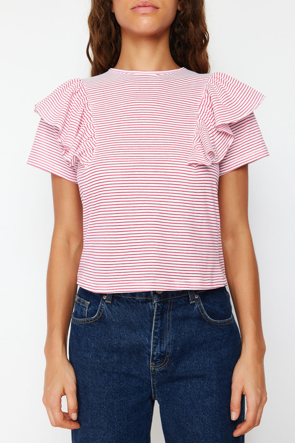 TRENDYOLMILLA Siyah Kollar? F?rf?rl? Regular/Normal Kal?p Cizgili Bisiklet Yaka Orme T-Shirt TWOSS24TS00061 фото 12