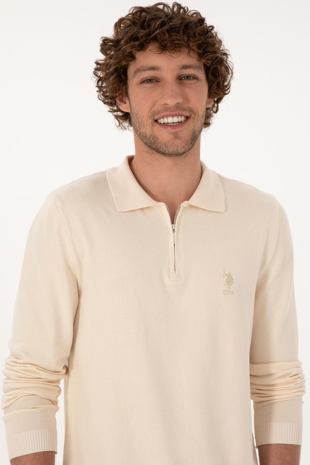 Erkek Slim Fit Yar_m Fermuarl_ Polo Yaka Krem Kazak
