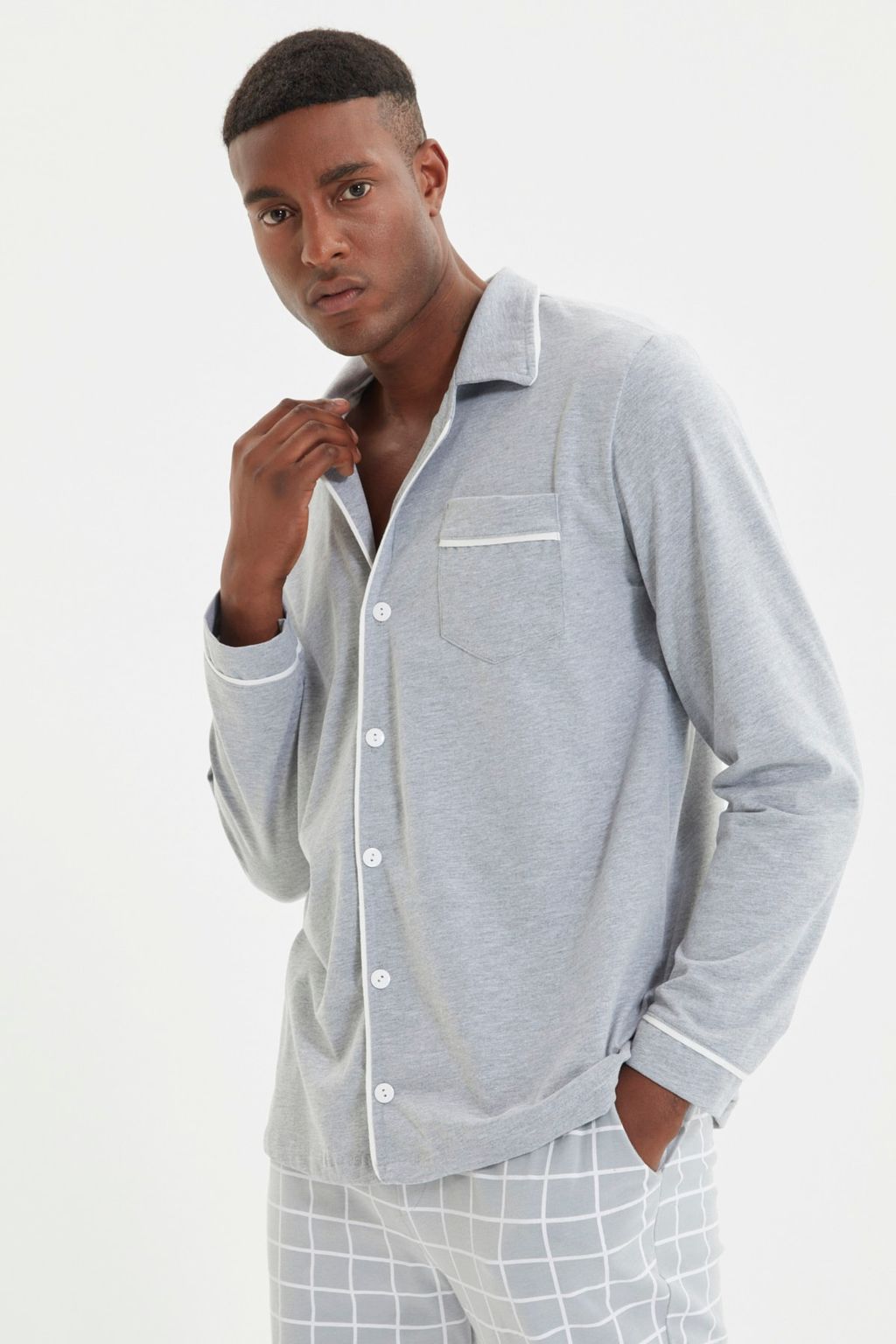 TRENDYOL MAN Lacivert Erkek Regular Fit Ust Biye Detayl? Orme %100 Pamuk Pijama Tak?m? TMNAW22PT1073 - Trendyolmilla фото 4