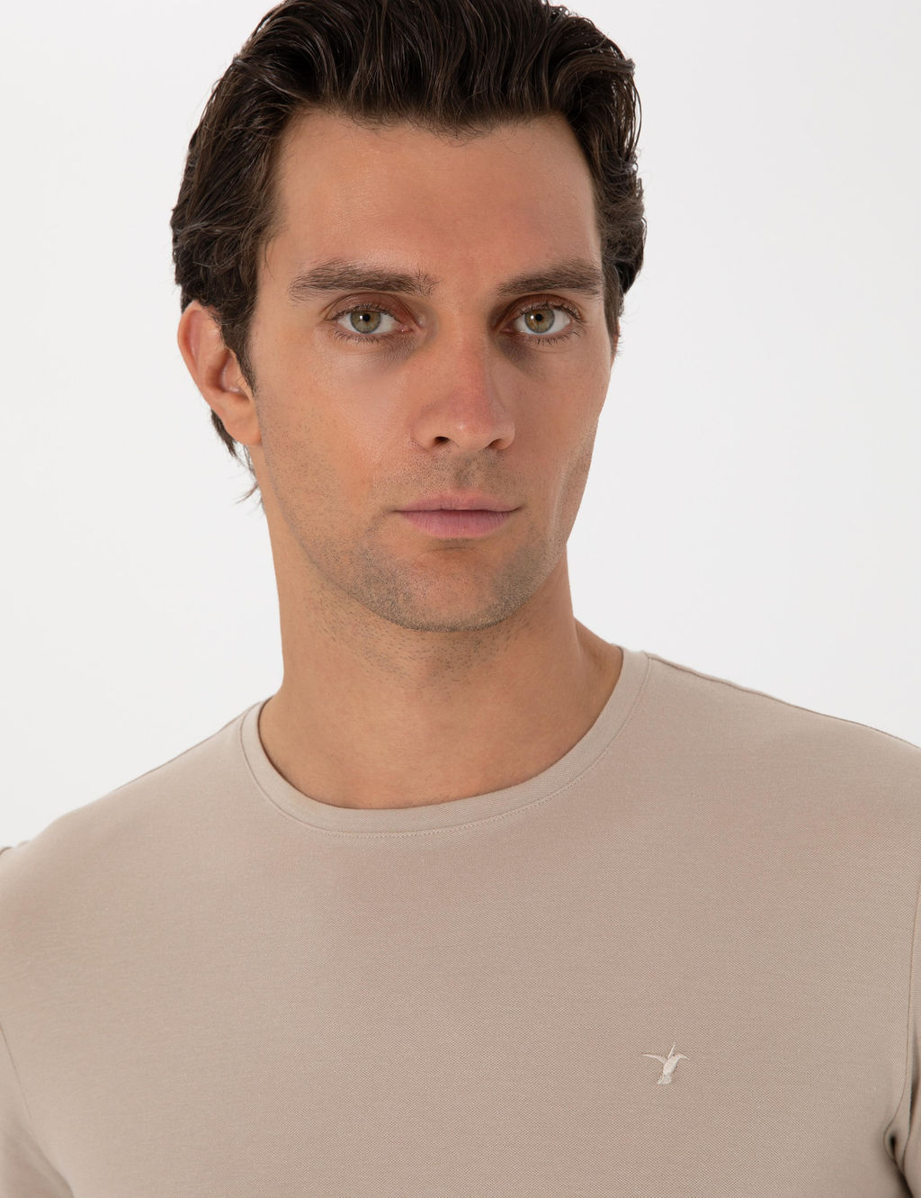 Bej Slim Fit Bisiklet Yaka Pamuklu T-shirt