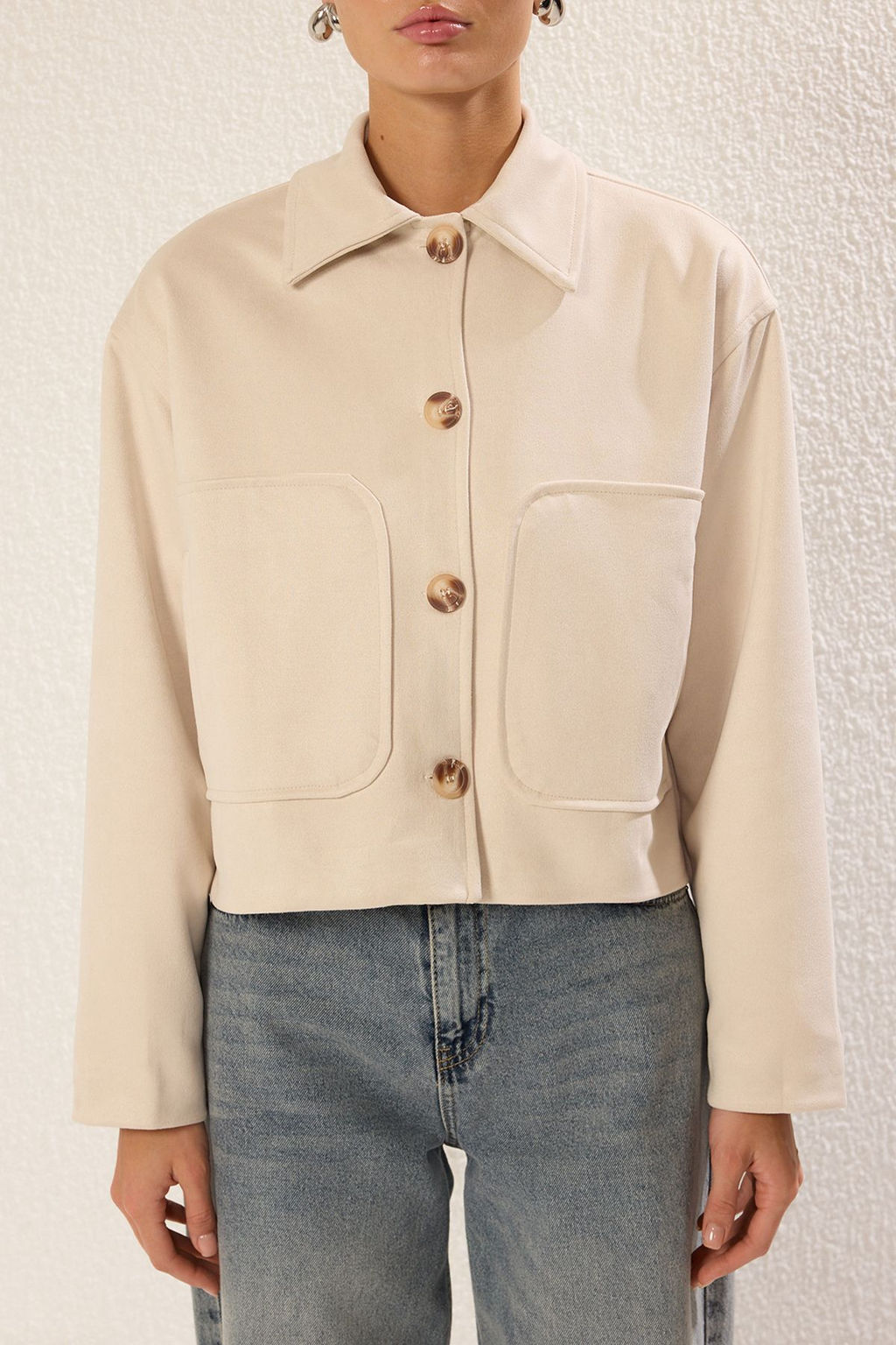 TRENDYOLMILLA Ekru Regular Suet Gomlek Yaka Ince Ceket Mont TWOSS25MO00011 фото 3