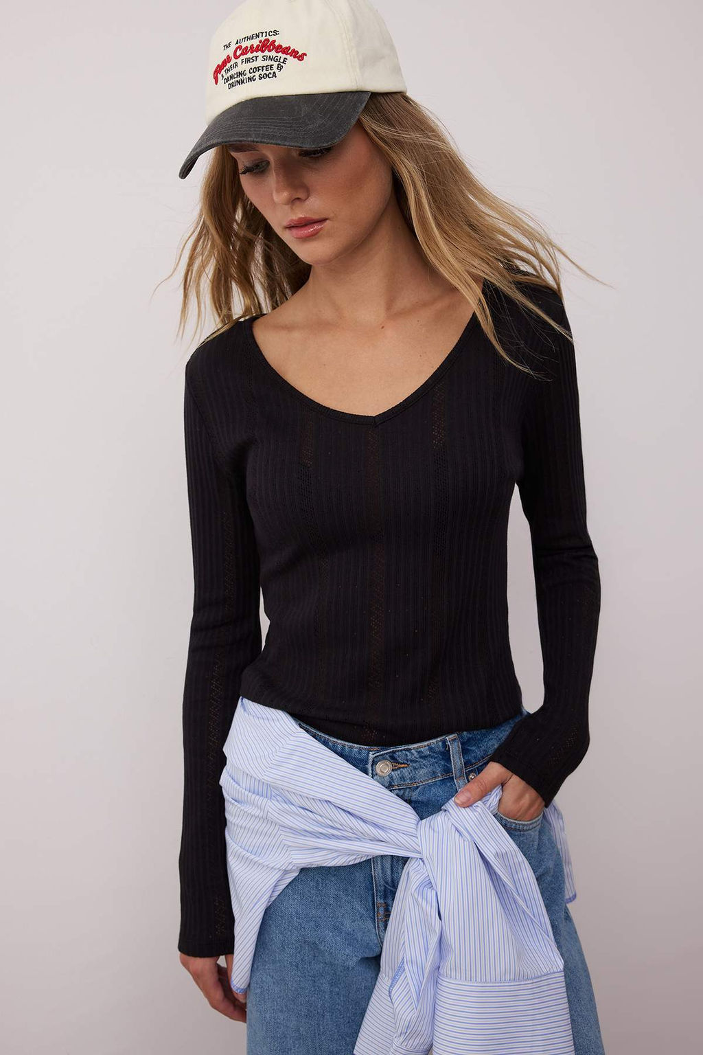 Siyah Fitted/Vucuda Oturan Pointel V Yaka Vucuda Oturan Esnek Orme Bluz TWOAW26BZ00004