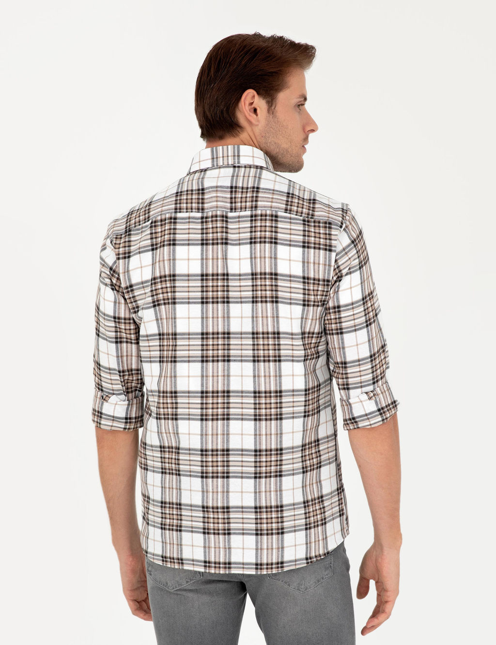 Kahverengi Ekose Slim Fit Uzun Kollu G_mlek