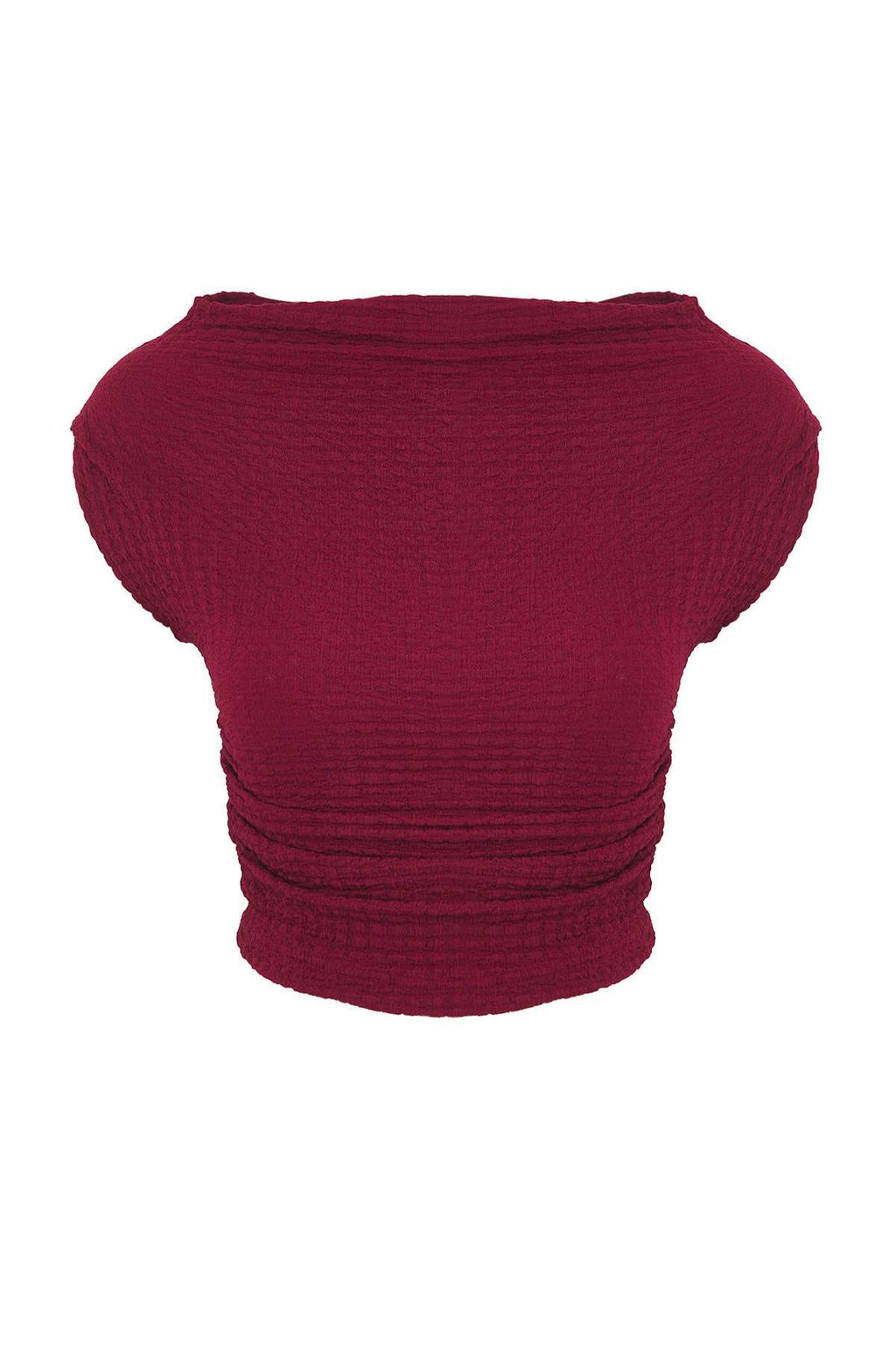 Bordo Dokulu Kay?k Yaka Buzgulu Kolsuz Esnek Orme Bluz TWOSS25BZ00485