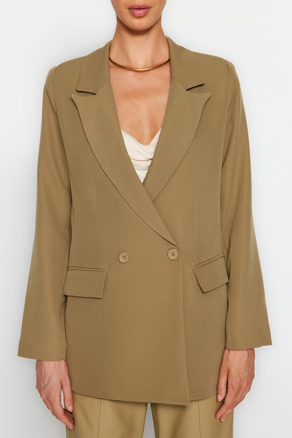 Ac?k Haki Regular Astarl? Kruvaze Kapama Dokuma Blazer Ceket TWOSS20CE0059