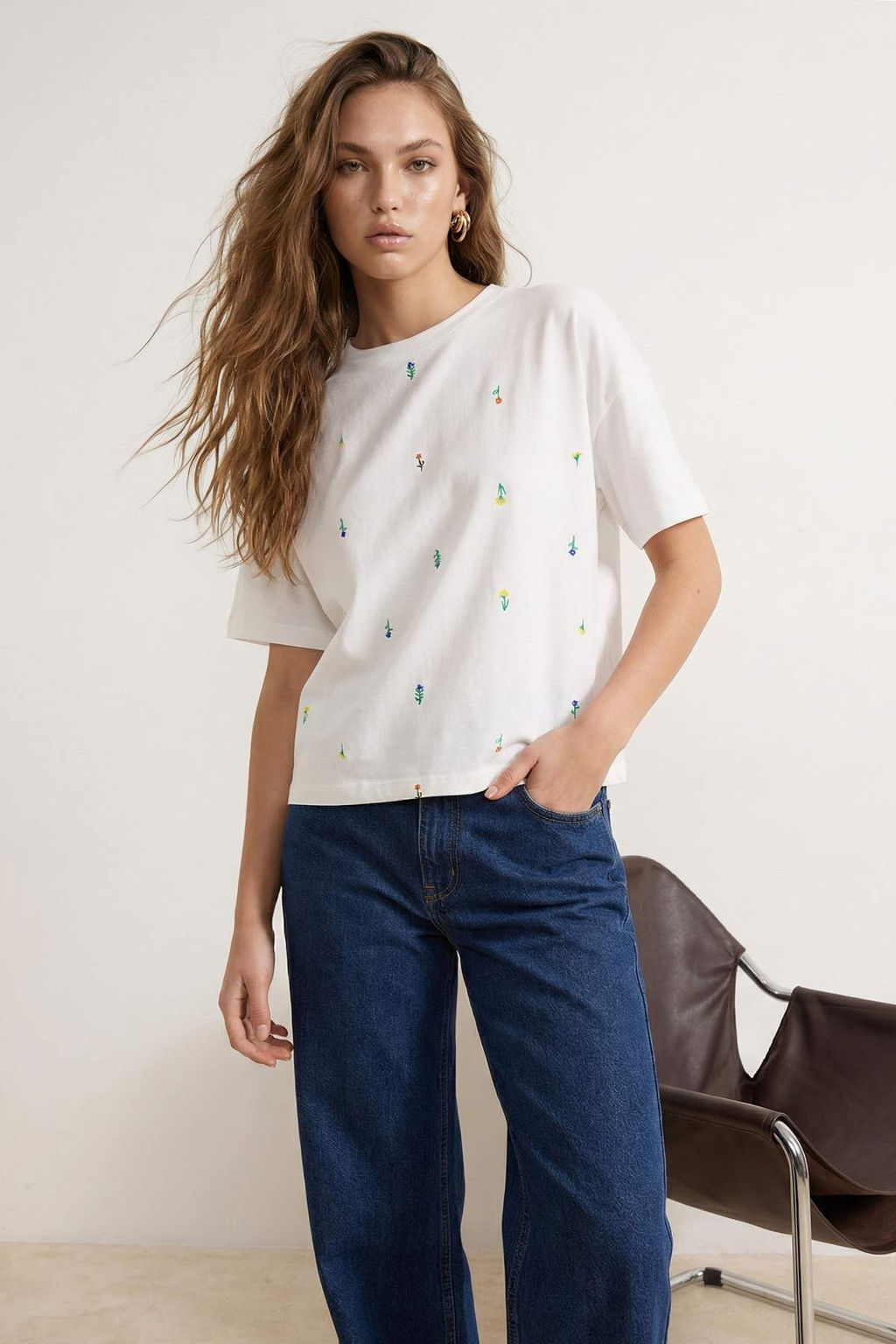 Ekru Regular/Normal Kal?p Dusuk Kol K?sa Kollu Nak?sl? Tok %100 Pamuk Orme Bluz TWOSS26TS00001 - Trendyolmilla фото 5
