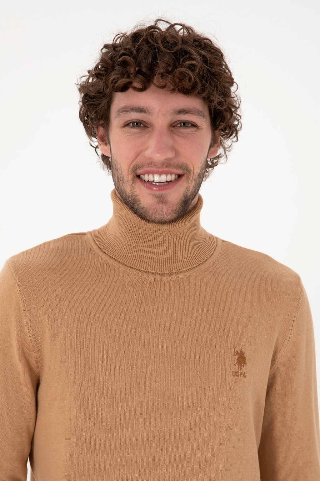 Erkek Slim Fit Bal_k__ Yaka Camel Melanj Basic Kazak - U.s. polo assn фото 2