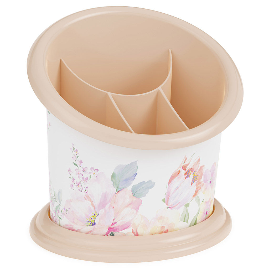 Подставка для столовых приборов пластмассовая "Цветочный блюз" 16х13х16см, 4-хсекционная (Россия)