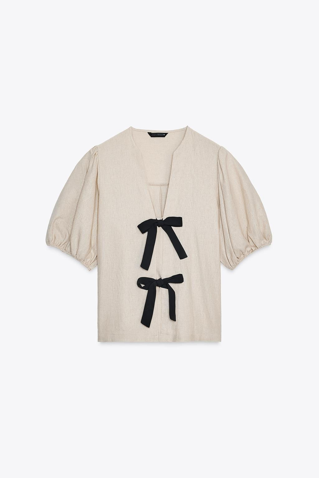 LINEN BLEND TIE BLOUSE - Zara фото 6
