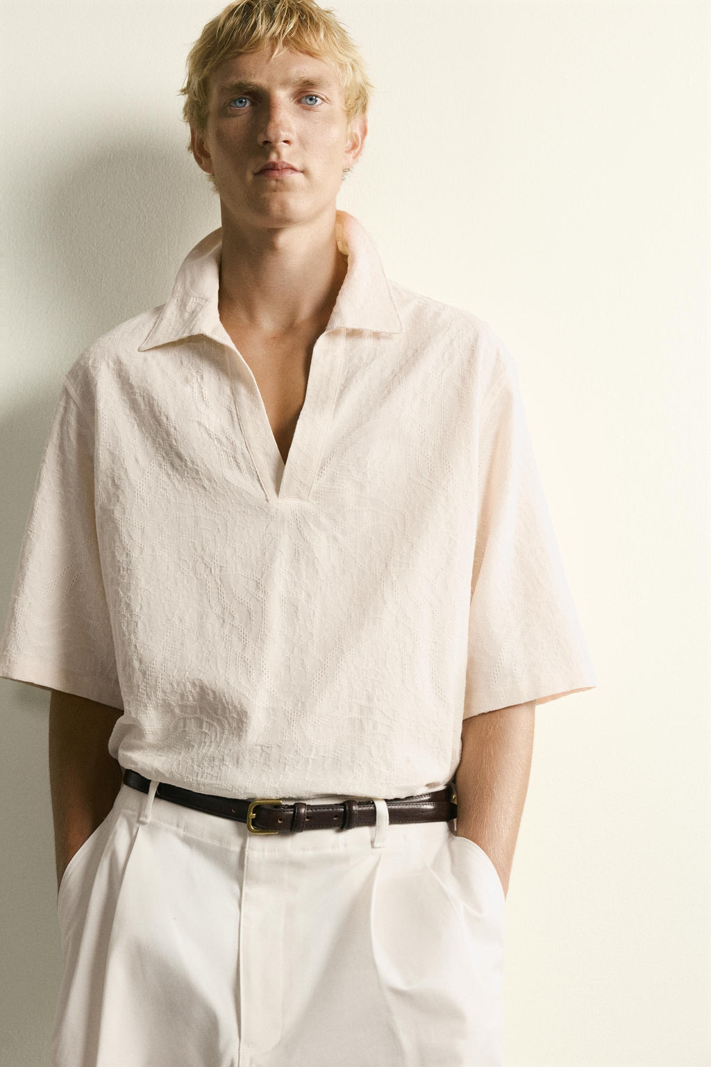 CAMISA POLO RELAXED FIT JACQUARD / Beige claro - Zara фото 7