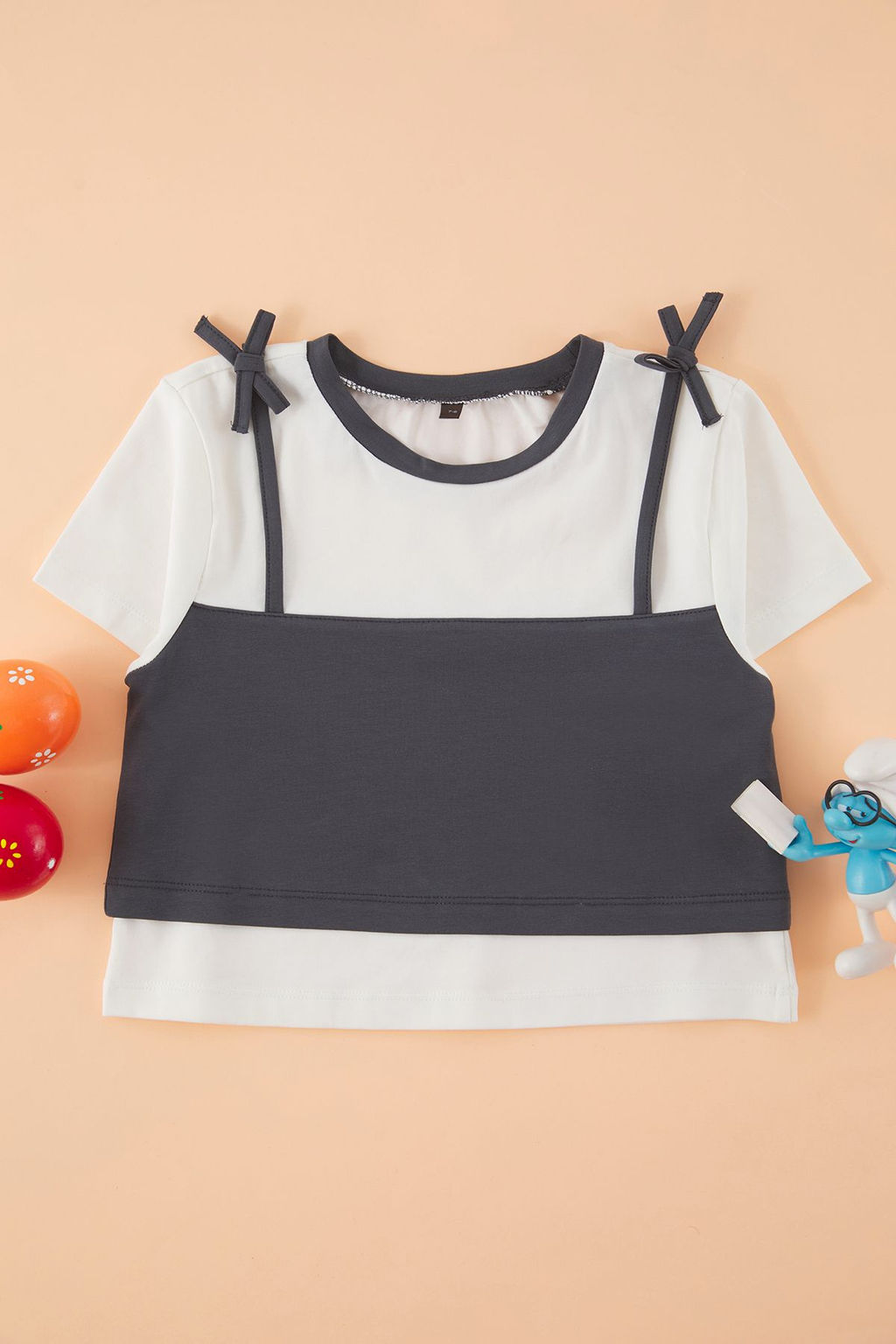 Ekru K?z Cocuk Pamuklu Atlet Detayl? Kurdeleli Orme T-Shirt TKDSS25TS00114
