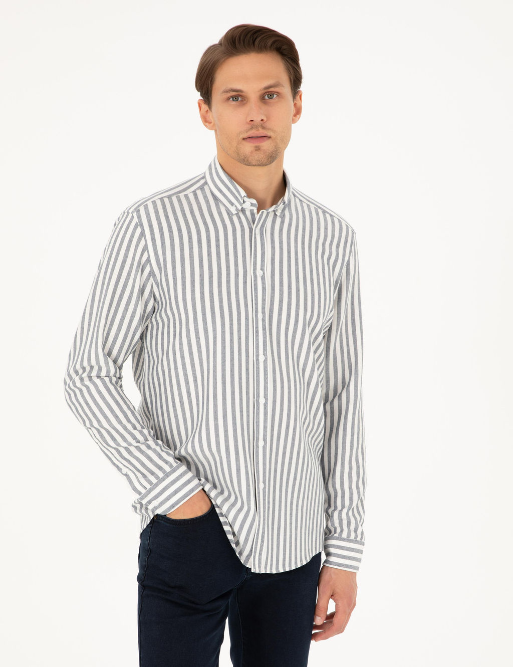 Lacivert Regular Fit _izgili Uzun Kollu G_mlek