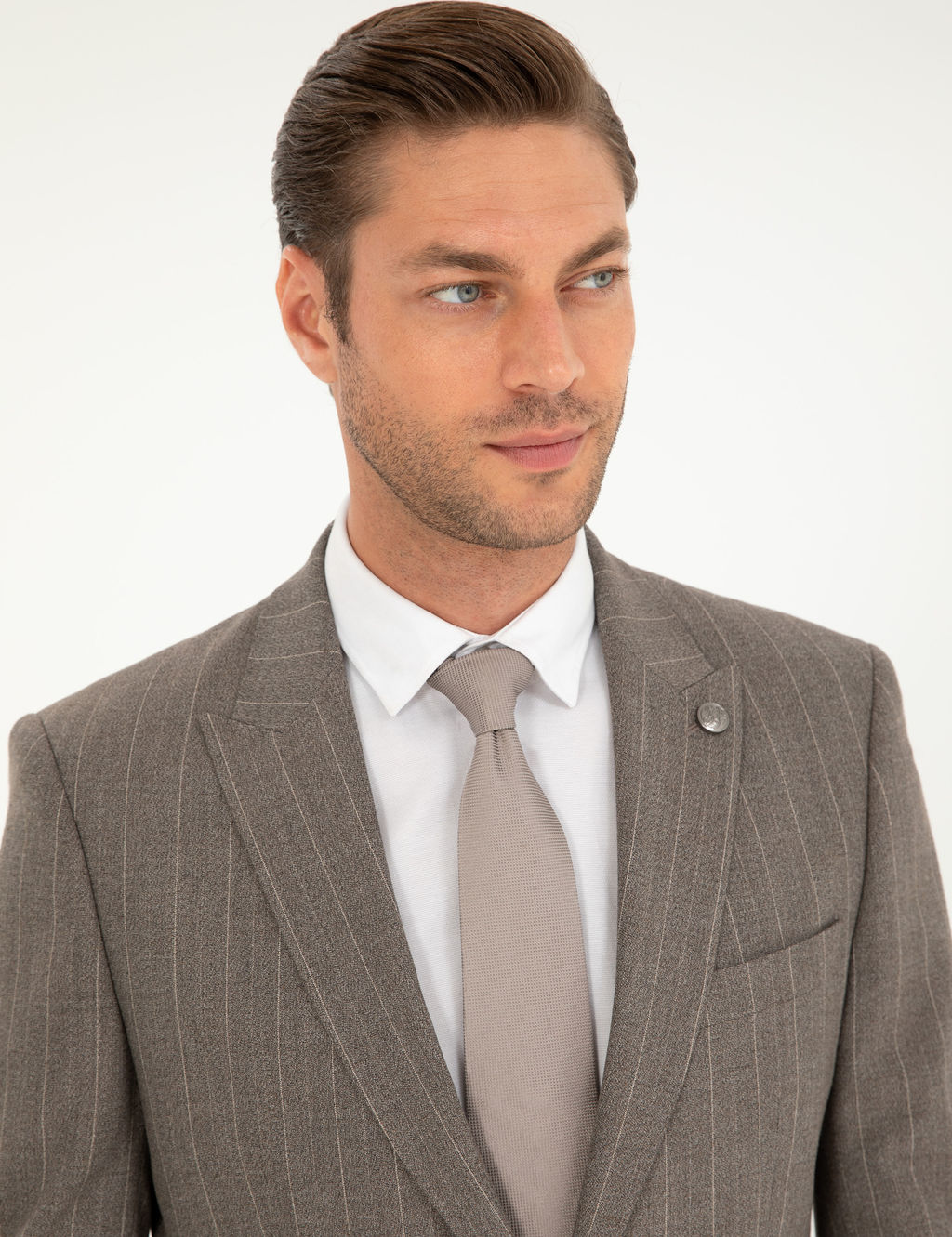 A__k Kahverengi Slim Fit _izgili Tak_m Elbise