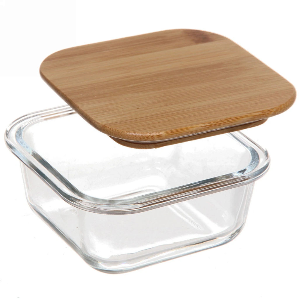 Контейнер стеклянный 300мл "Хай-Тек" квадратный с бамбуковой крышкой