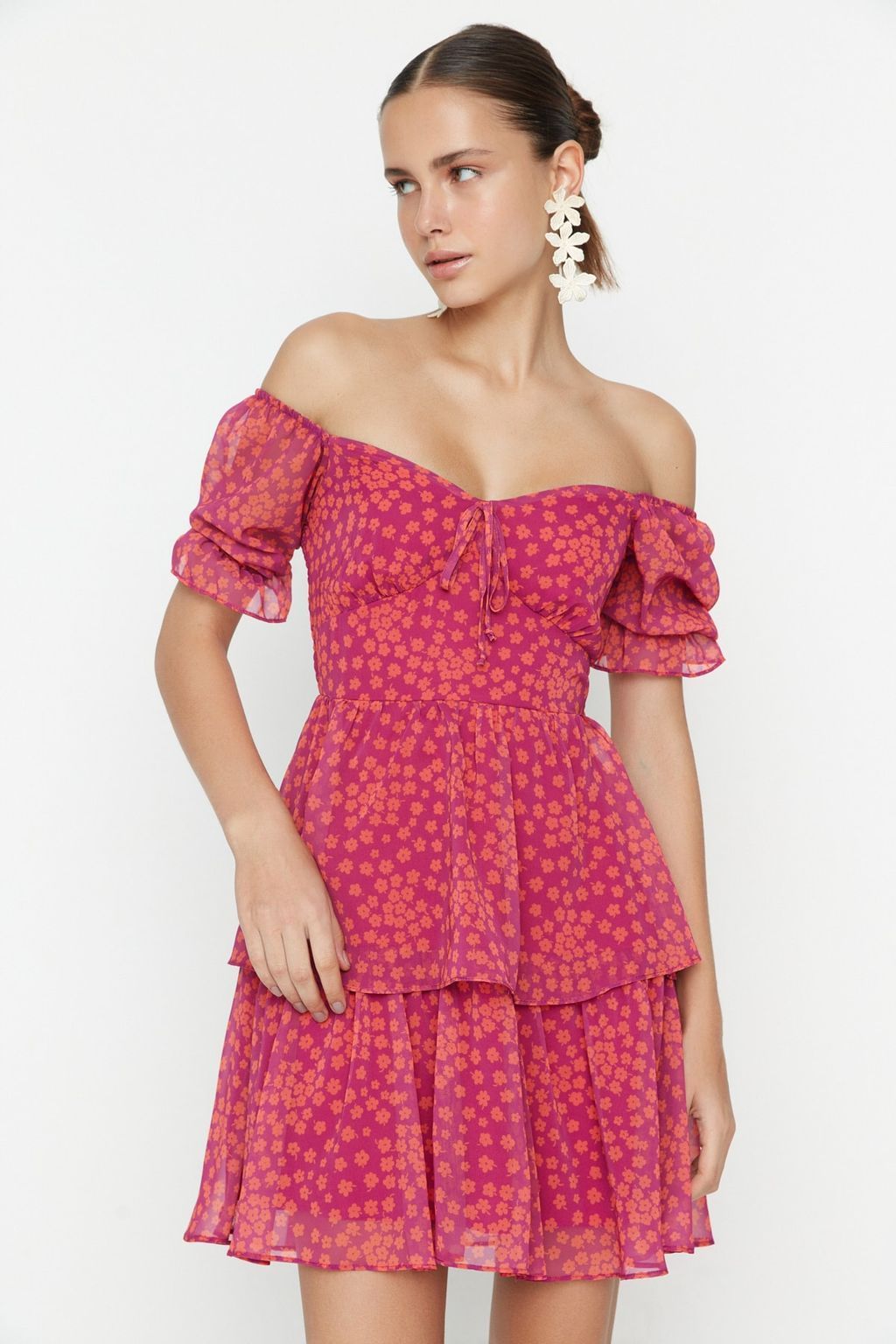 Cok Renkli Cicekli Etegi Volanl? Skater/Belden Ac?lan Sifon Mini Astarl? Dokuma Elbise TWOSS22EL2772