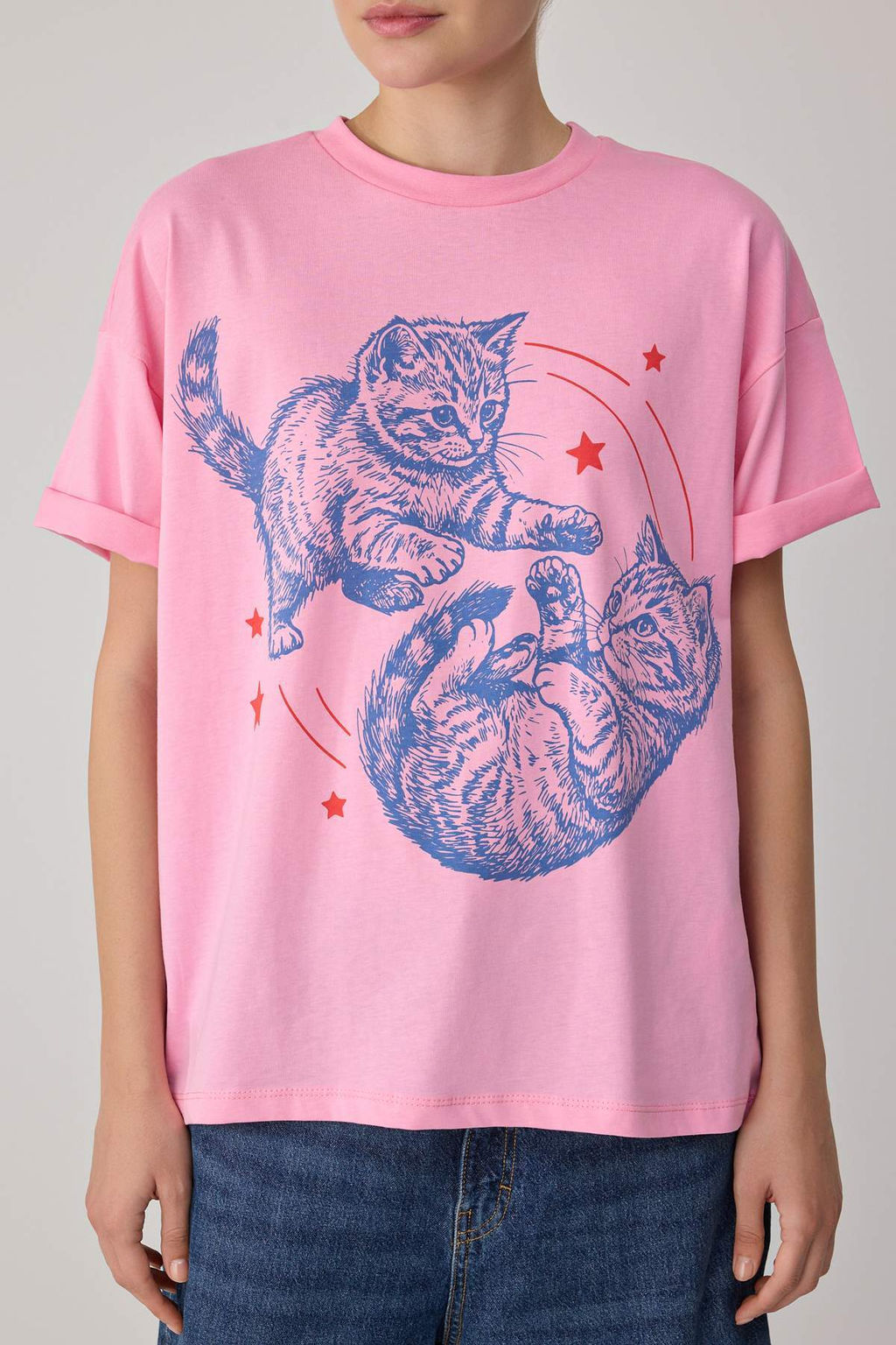 A__k Pembe Bask_l_ Oversize Bisiklet Yaka D___k Kol K_sa Uzun %100 Pamuk _rme T-Shirt TWOSS26TS00371 - Trendyolmilla фото 3