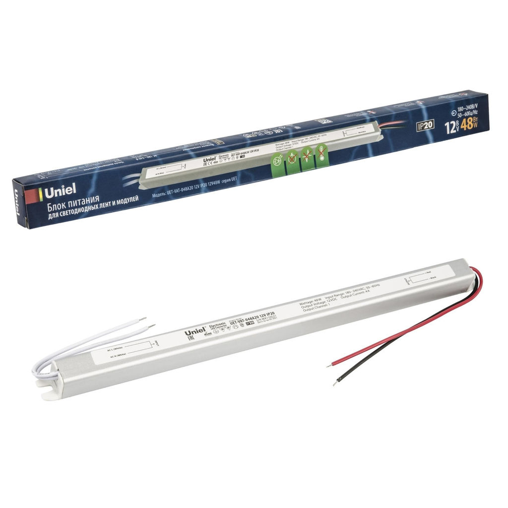 UET-VAT-048A20 12V IP20 Блок питания ультратонкий, 48Вт. Металлический корпус. TM Uniel