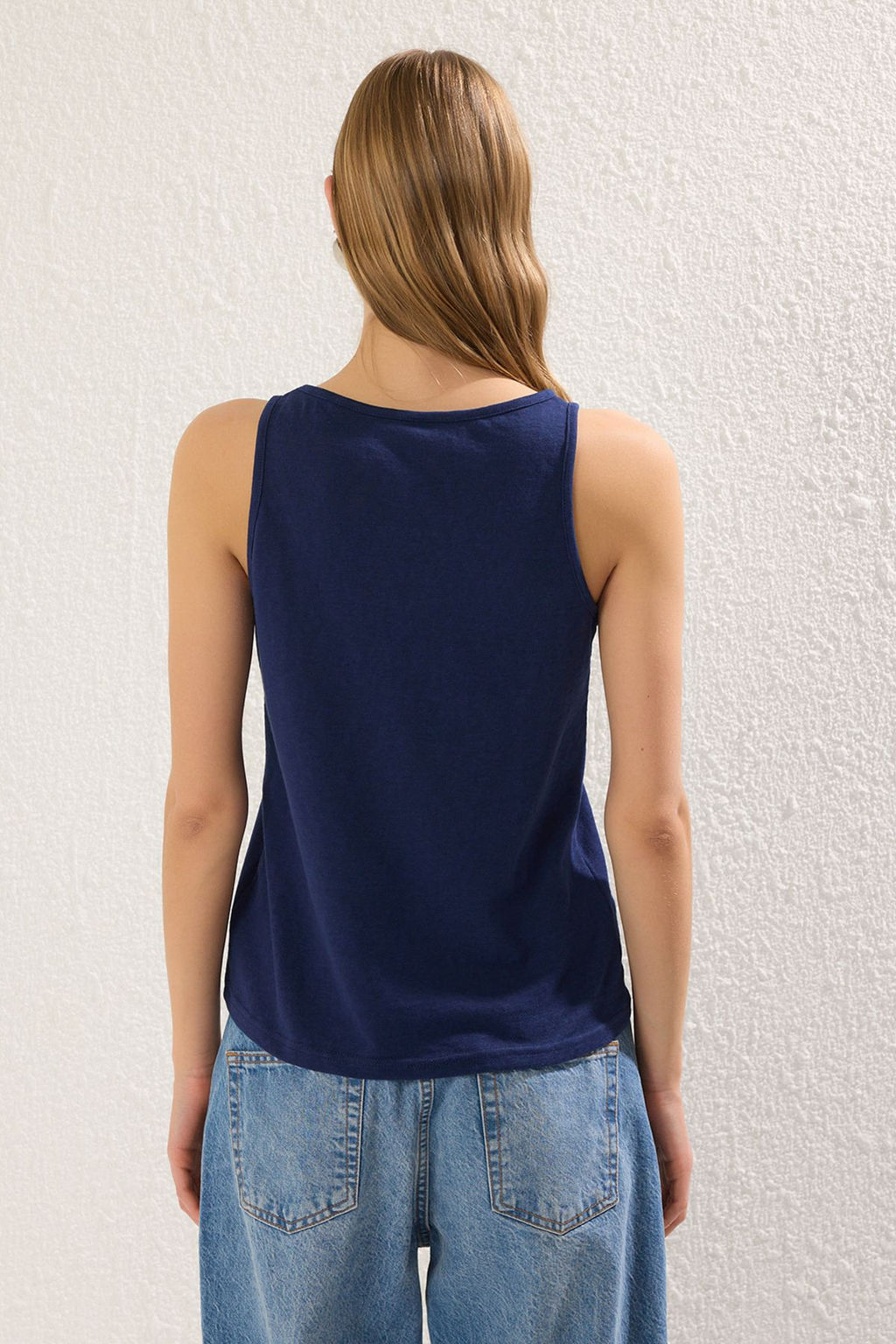 Lacivert Keten Gorunumlu Havuz Yaka Regular/Normal Kal?p Orme Atlet TWOSS25AL00036