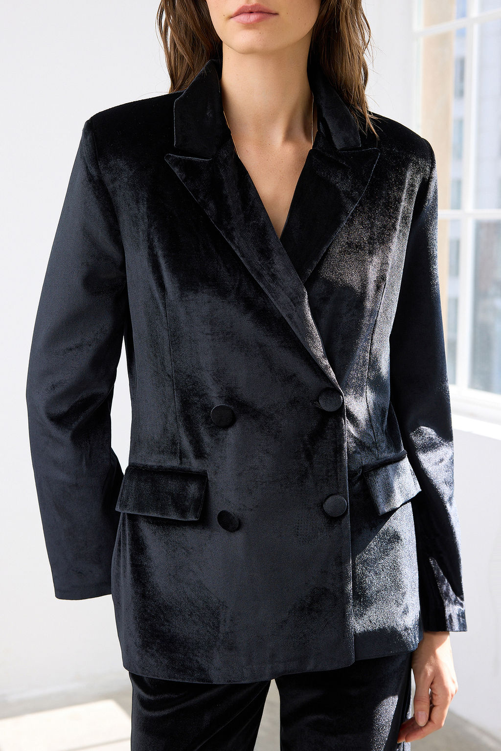 Siyah Kruvaze Regular/Normal Kal?p Dokuma Kadife Blazer Ceket TWOAW26BC00015