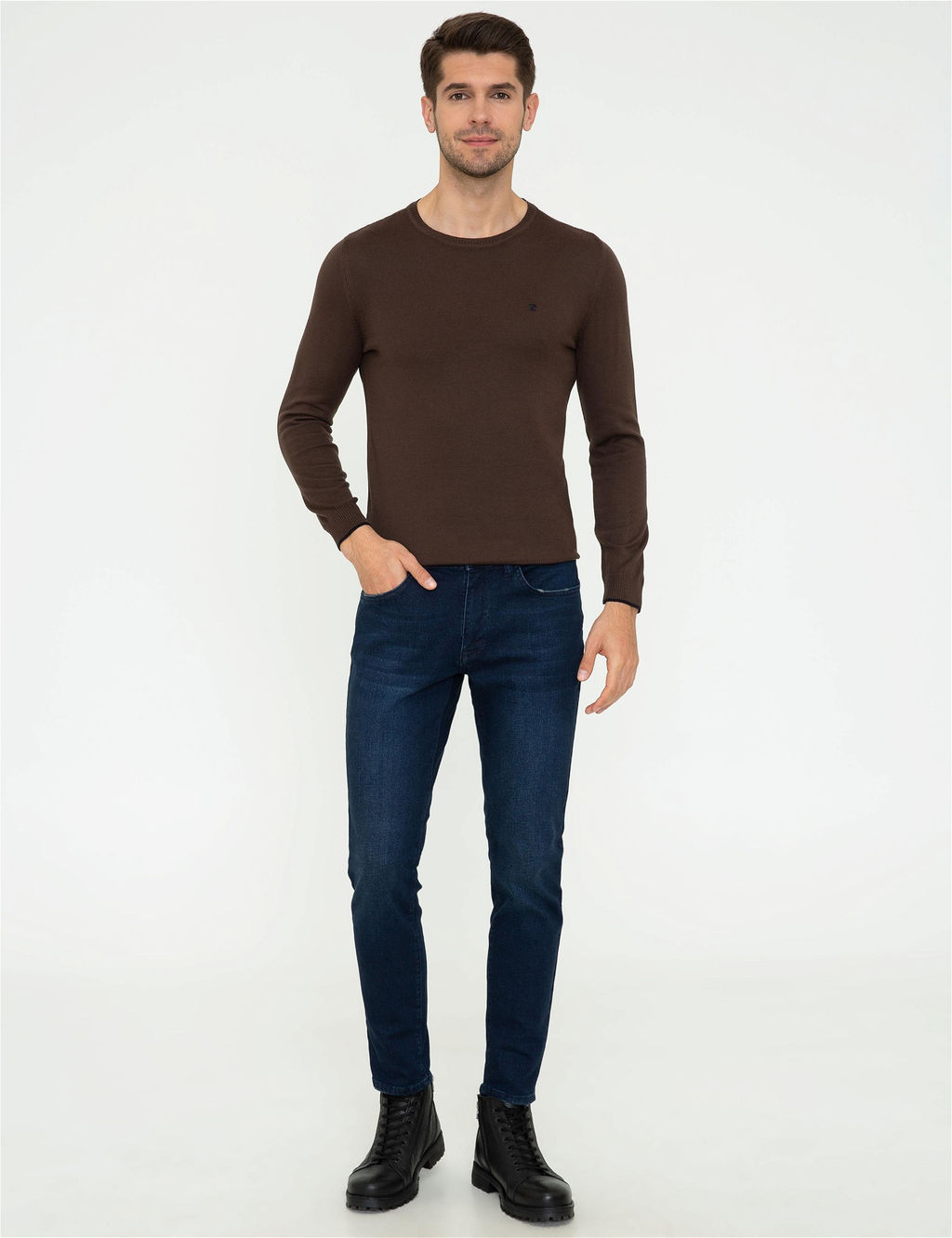 Kahverengi Slim Fit Bisiklet Yaka Basic Triko Kazak - Pierre cardin фото 5