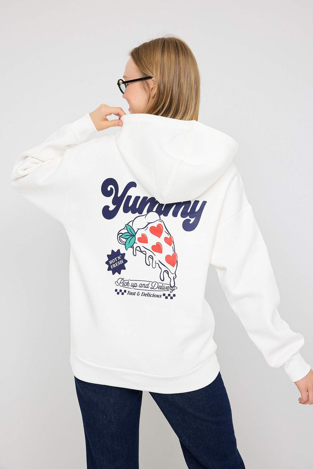 Teen Ekru S?rt Bask?l? Oversize/Genis Kal?p Kapusonlu Orme Sweatshirt TWOAW26SW00166