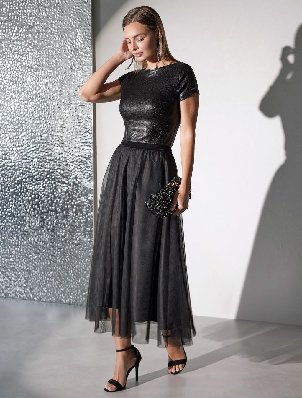 Футболка облегающая из хлопка в рубчик с вырезом лодочка с матовым покрытием металлик - Vilatte фото 4