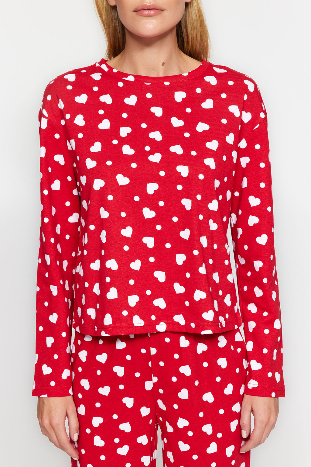 Trendyolmilla K?rm?z? %100 Pamuklu Kalpli Tshirt-Pantolon Orme Pijama Tak?m? THMAW24PT00124