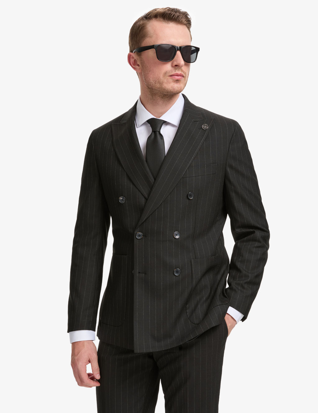 Siyah Extra Slim Fit _izgili Kruvaze Tak_m Elbise