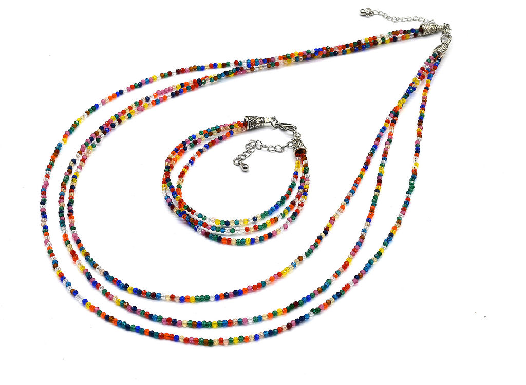 Колье с браслетом из шпинели мульти, 3 нити, шарик гр.2мм, 47см, 16см, 13г