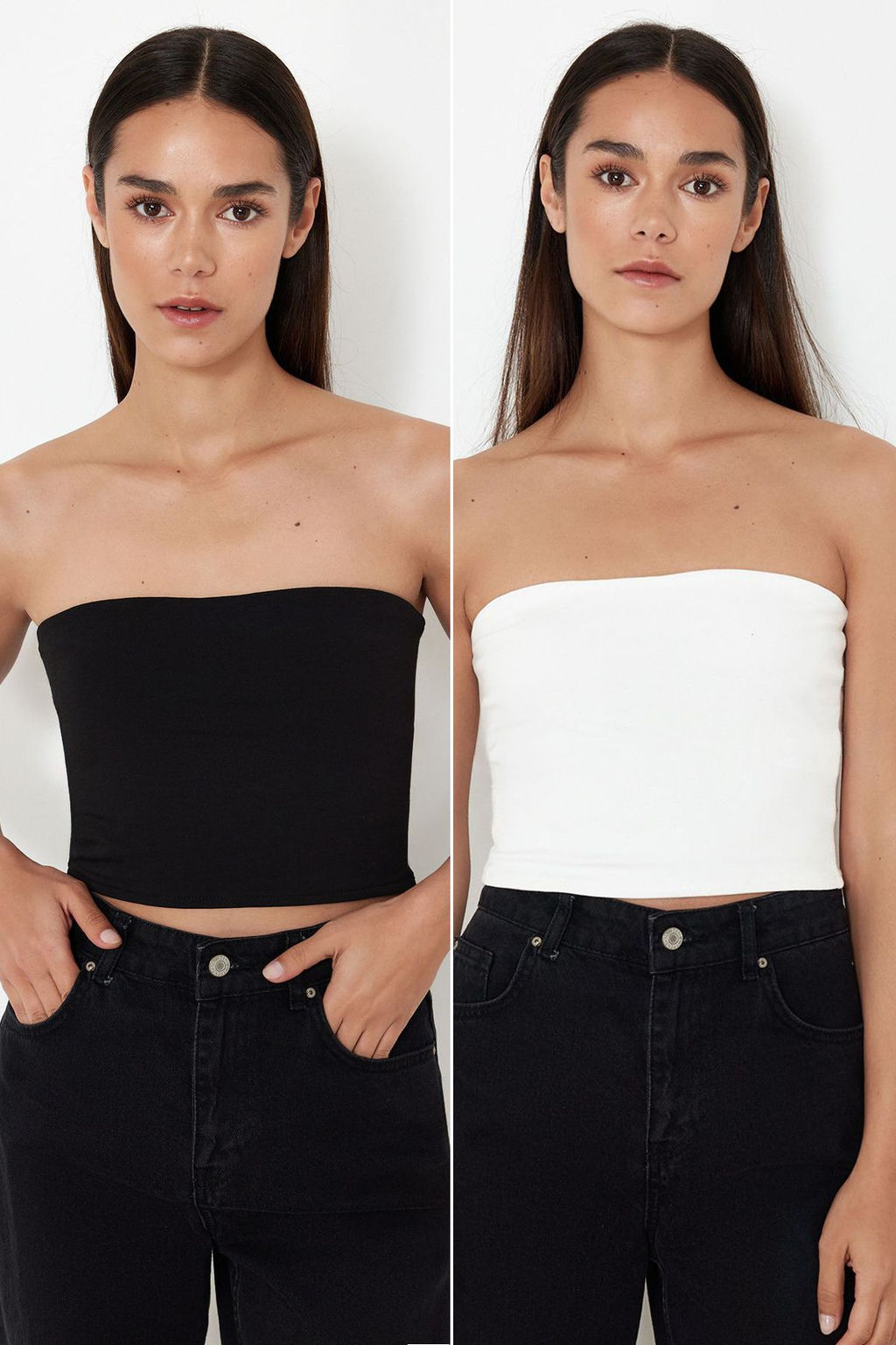Trendyolmilla Siyah-Ekru 2Li Paket Esnek Orme Bluz TWOSS24BZ00600